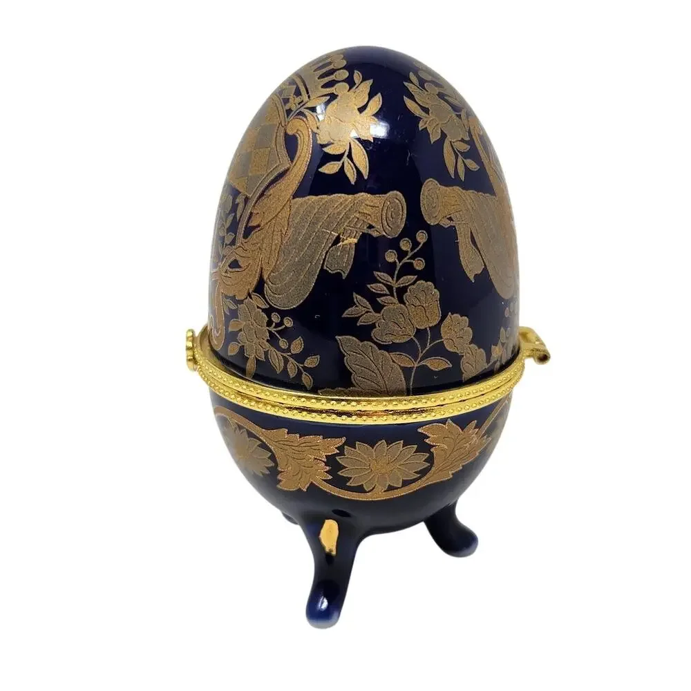 Vintage Cobalt Blue Gold Porcelain Decorative Trinket Faberge Egg Jewelry Box